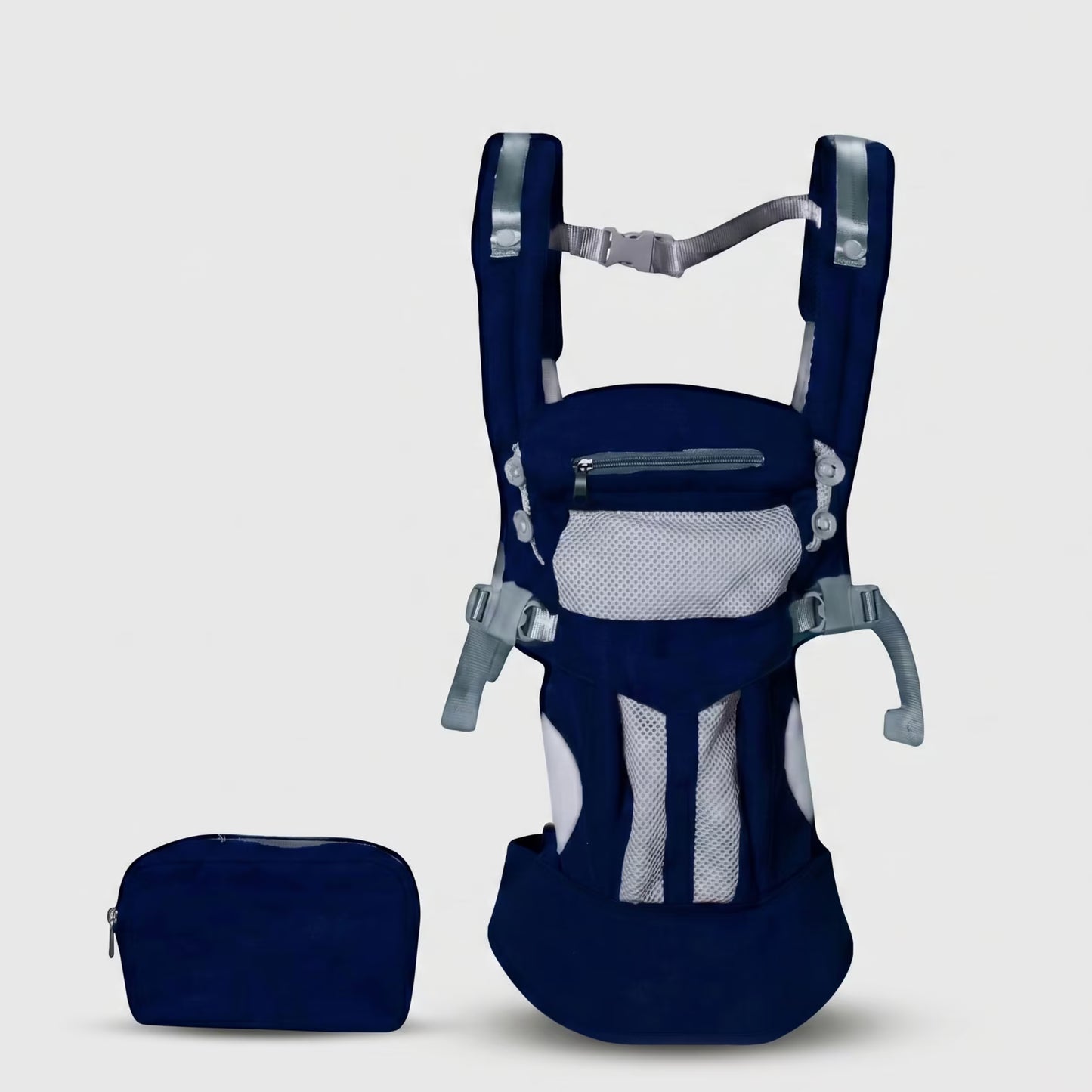 Navy blue baby carrier with a matching pouch on a light gray background