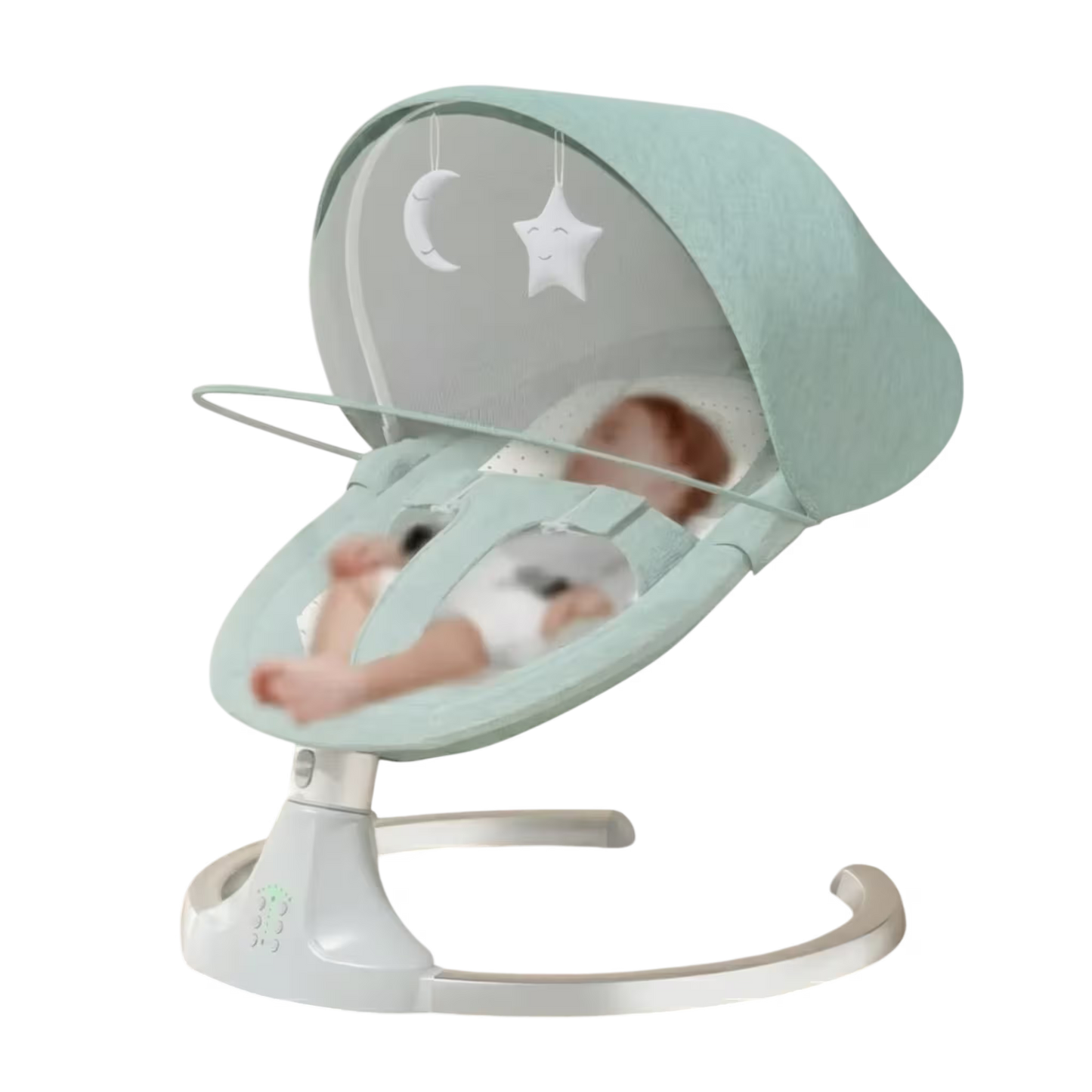 Baby swing with a baby inside on a white background