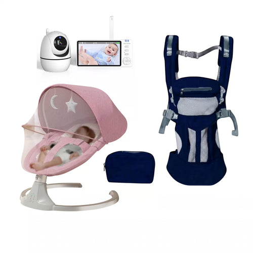 Baby care bundle featuring a navy blue baby hip seat carrier, a pink rocking bassinet with a mosquito net, a white wireless baby monitor camera, and a small navy blue pouch, all displayed on a clean white background.