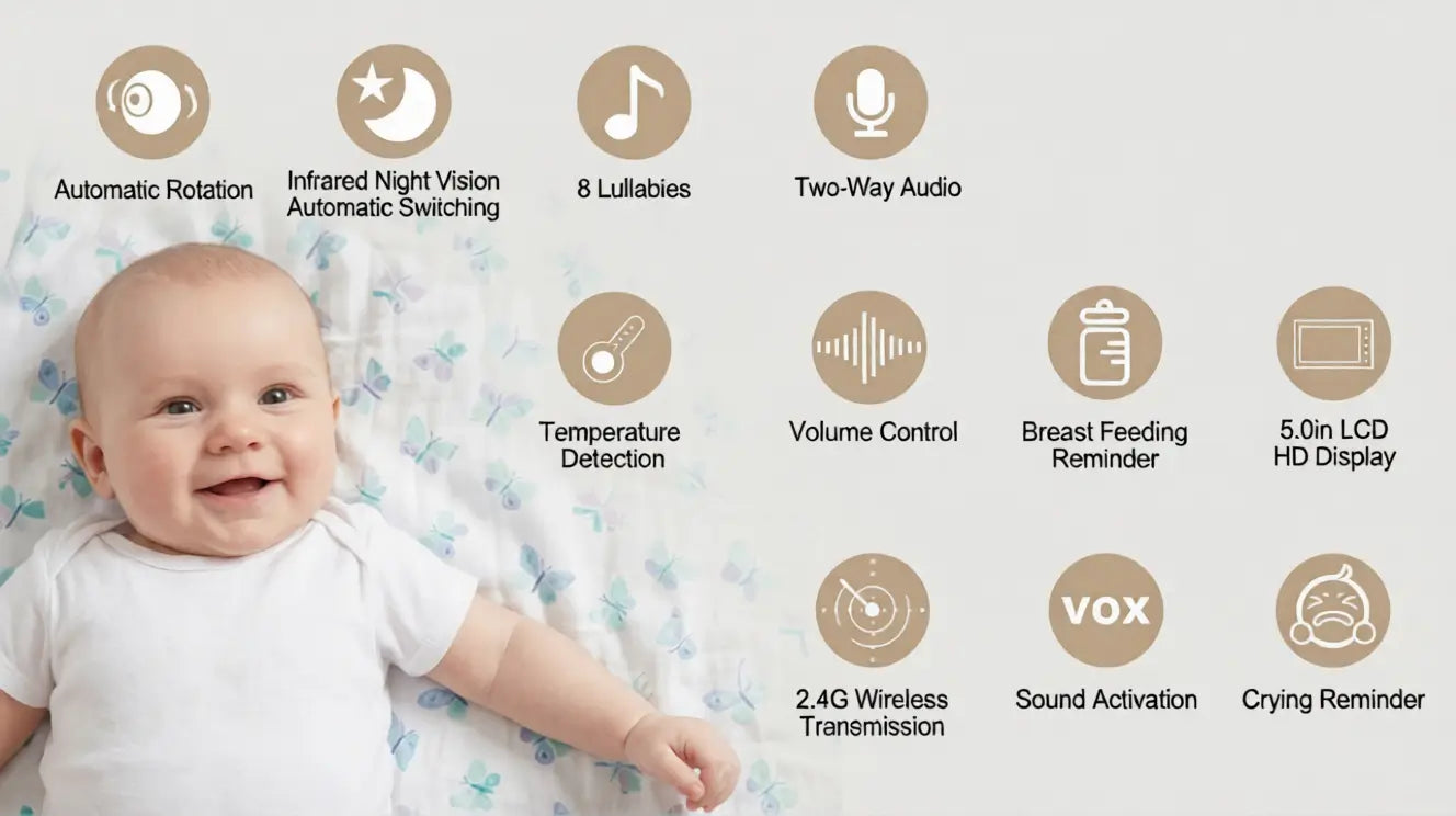Baby lying on a blanket with icons and text describing features of a baby monitor.