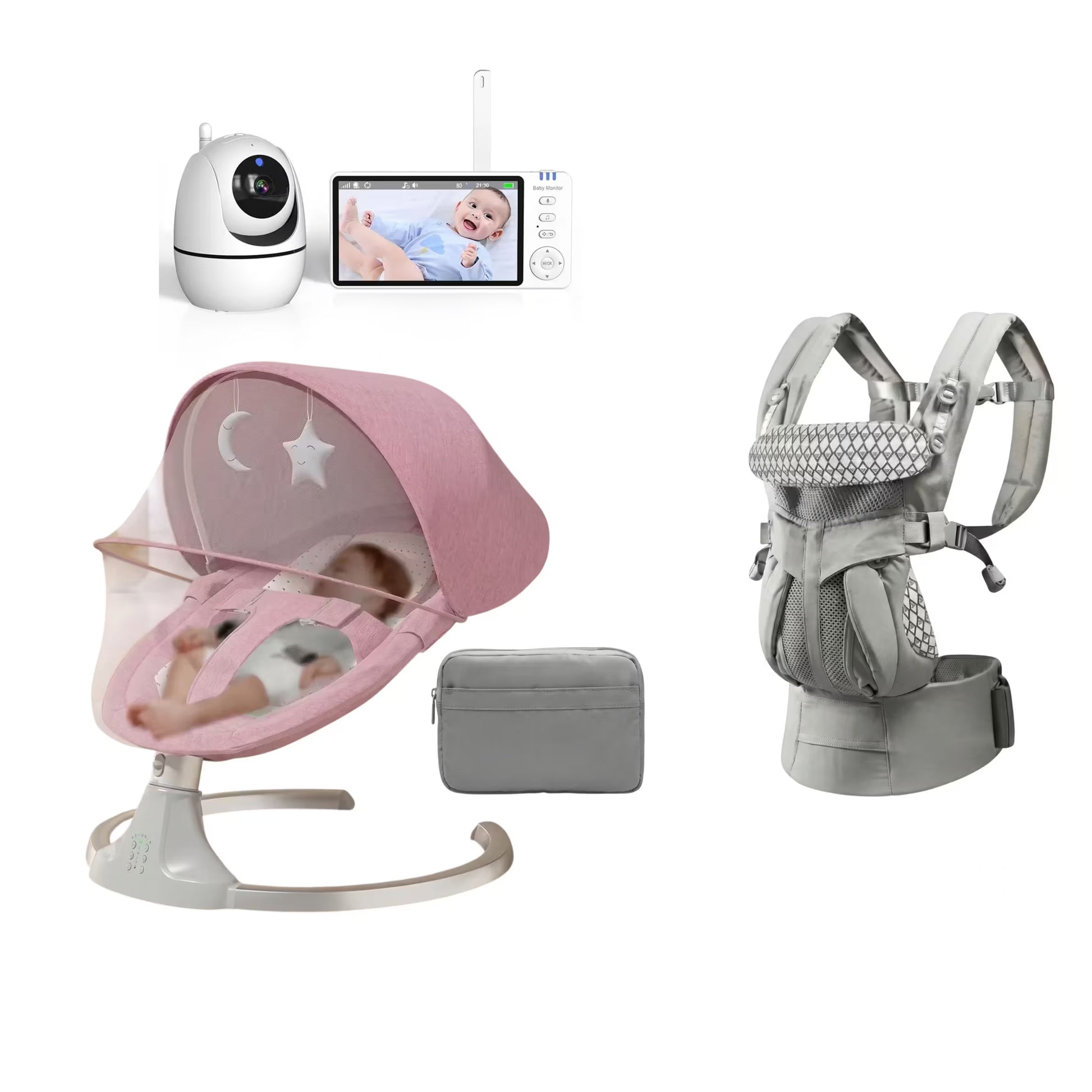 Baby care bundle featuring a pink bassinet with a mesh canopy, a gray baby carrier, a white security camera, a video screen, and a gray storage pouch, all arranged on a white background.