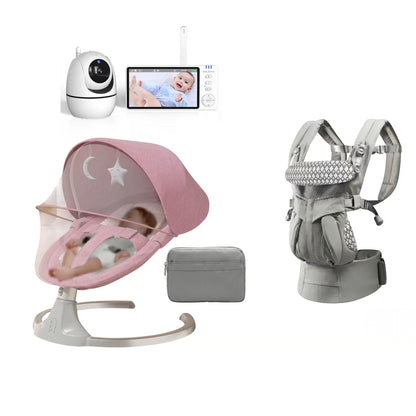 Baby care bundle featuring a pink bassinet with a mesh canopy, a gray baby carrier, a white security camera, a video screen, and a gray storage pouch, all arranged on a white background.