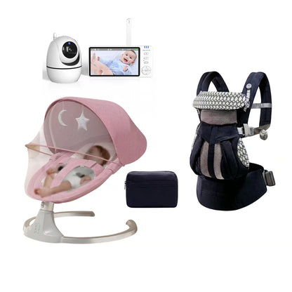 Baby care bundle featuring a pink bassinet with a mosquito net, a navy blue baby carrier, a white security camera, a video monitor screen, and a small navy storage pouch, all on a white background.