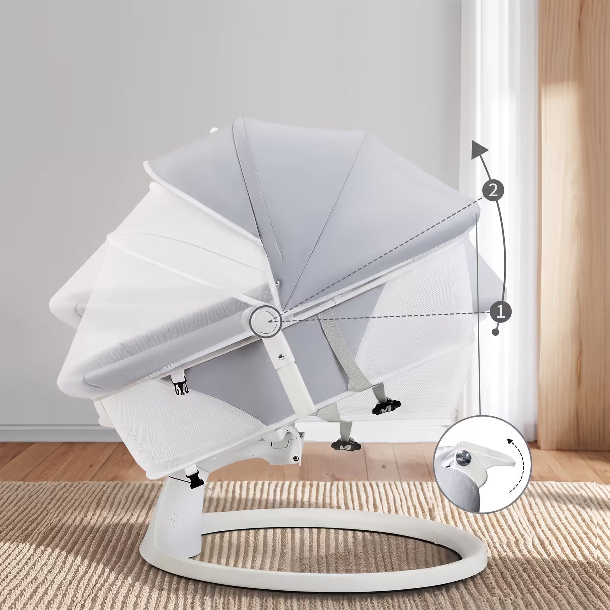 White baby swing with canopy on a wooden floor