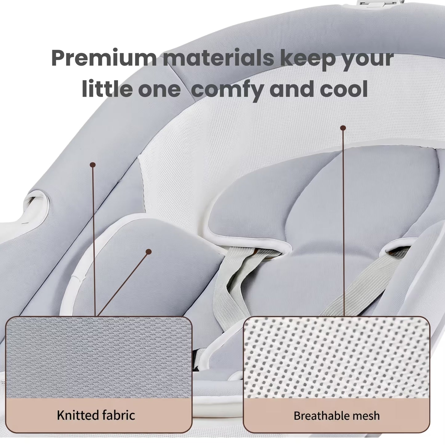 Baby seat with text highlighting premium materials for comfort and cooling, showing knitted fabric and breathable mesh.