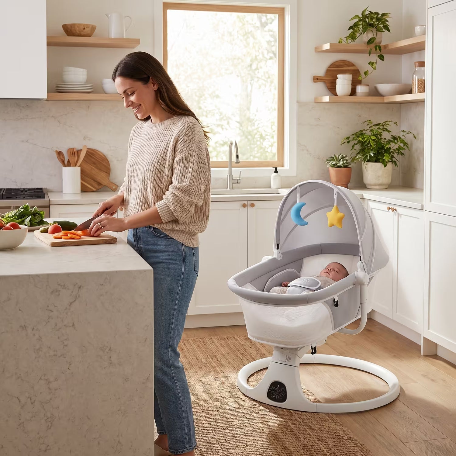 A woman in a beige sweater and blue jeans stands at a kitchen island preparing food, with a baby in a white and gray rocking bassinet nearby in a bright, modern kitchen.