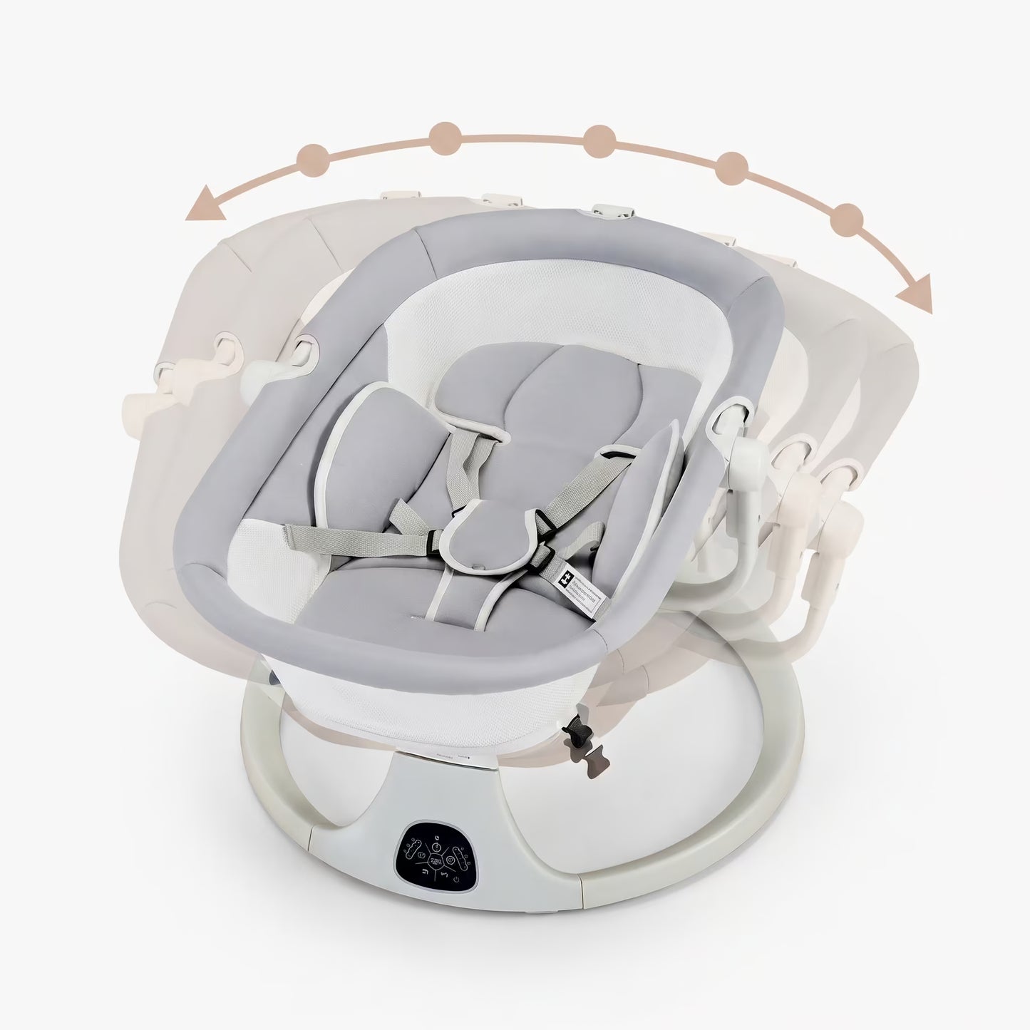 Baby swing with gray seat and white base on a white background