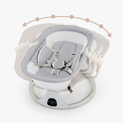 Baby swing with gray seat and white base on a white background
