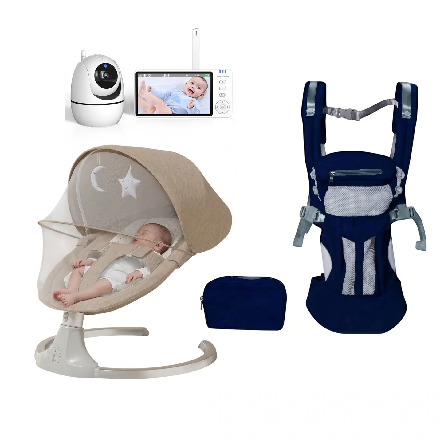 Baby care bundle featuring a beige mesh bassinet with a baby inside, a navy blue baby carrier, a white security camera, a video monitor screen, and a small navy pouch, all on a white background.