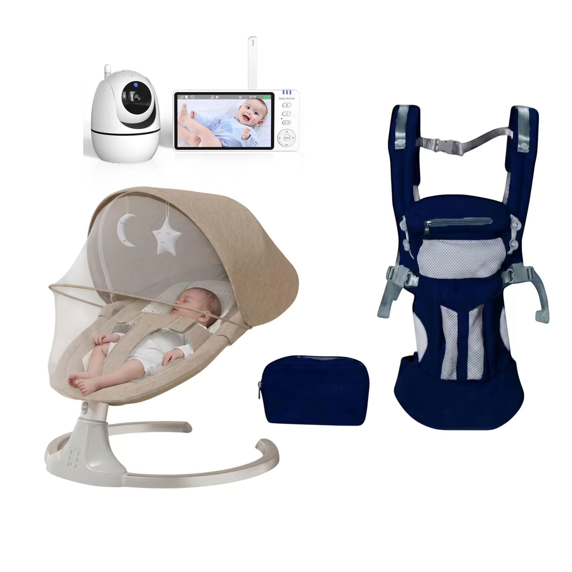 Baby care bundle featuring a beige mesh bassinet with a baby inside, a navy blue baby carrier, a white security camera, a video monitor screen, and a small navy pouch, all on a white background.