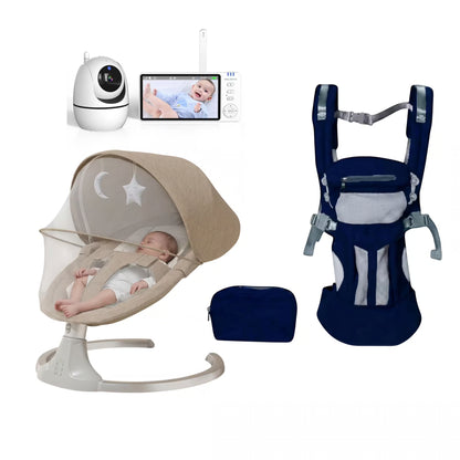 Baby care bundle featuring a beige mesh bassinet with a baby inside, a navy blue baby carrier, a white security camera, a video monitor screen, and a small navy pouch, all on a white background.