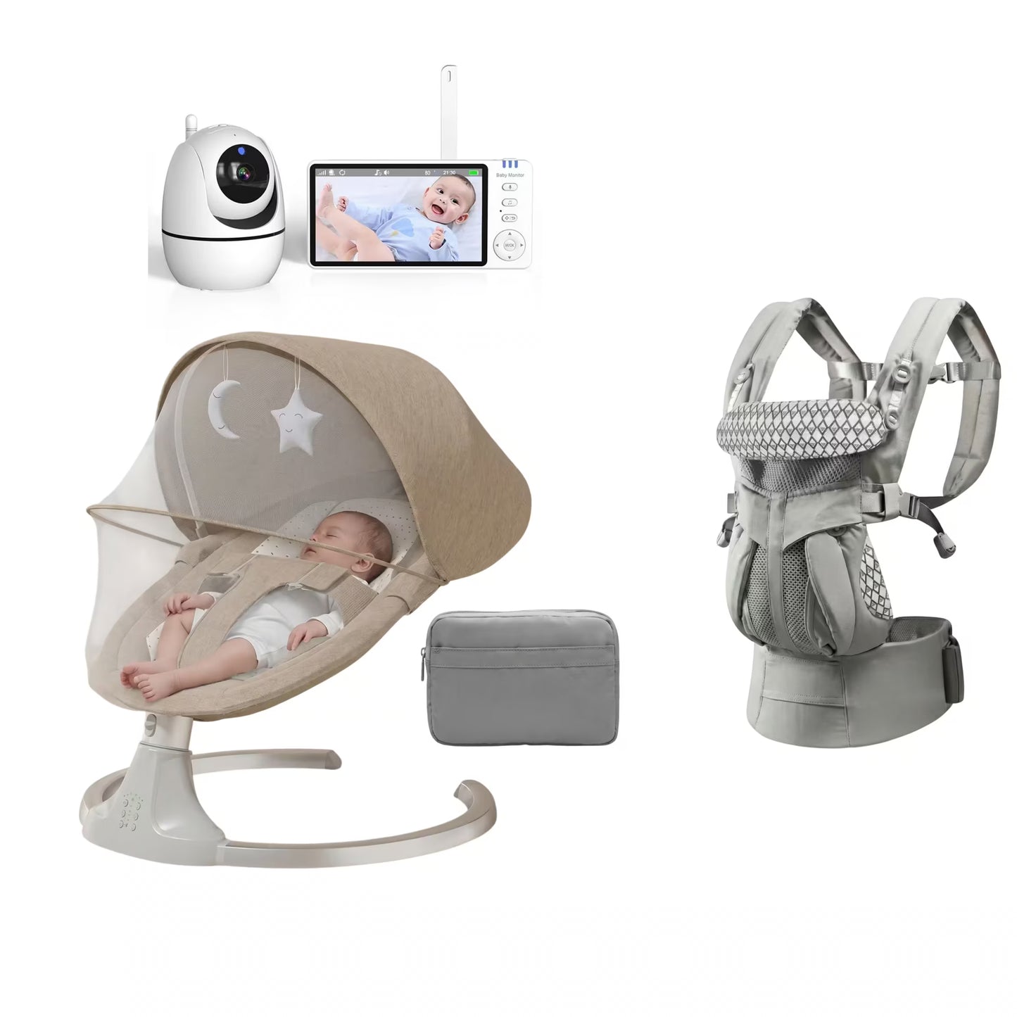 Baby care bundle featuring a beige mesh bassinet with a baby inside, a gray storage pouch, a gray baby carrier, a white wireless security camera, and a tablet video monitor on a white background.