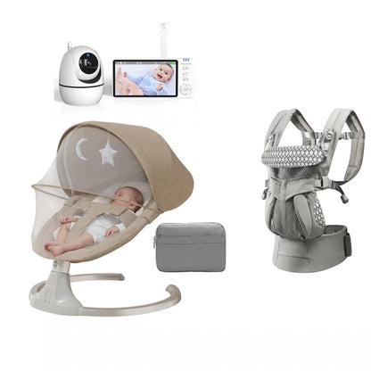 Baby care bundle featuring a beige mesh bassinet with a baby inside, a gray storage pouch, a gray baby carrier, a white wireless security camera, and a tablet video monitor on a white background.