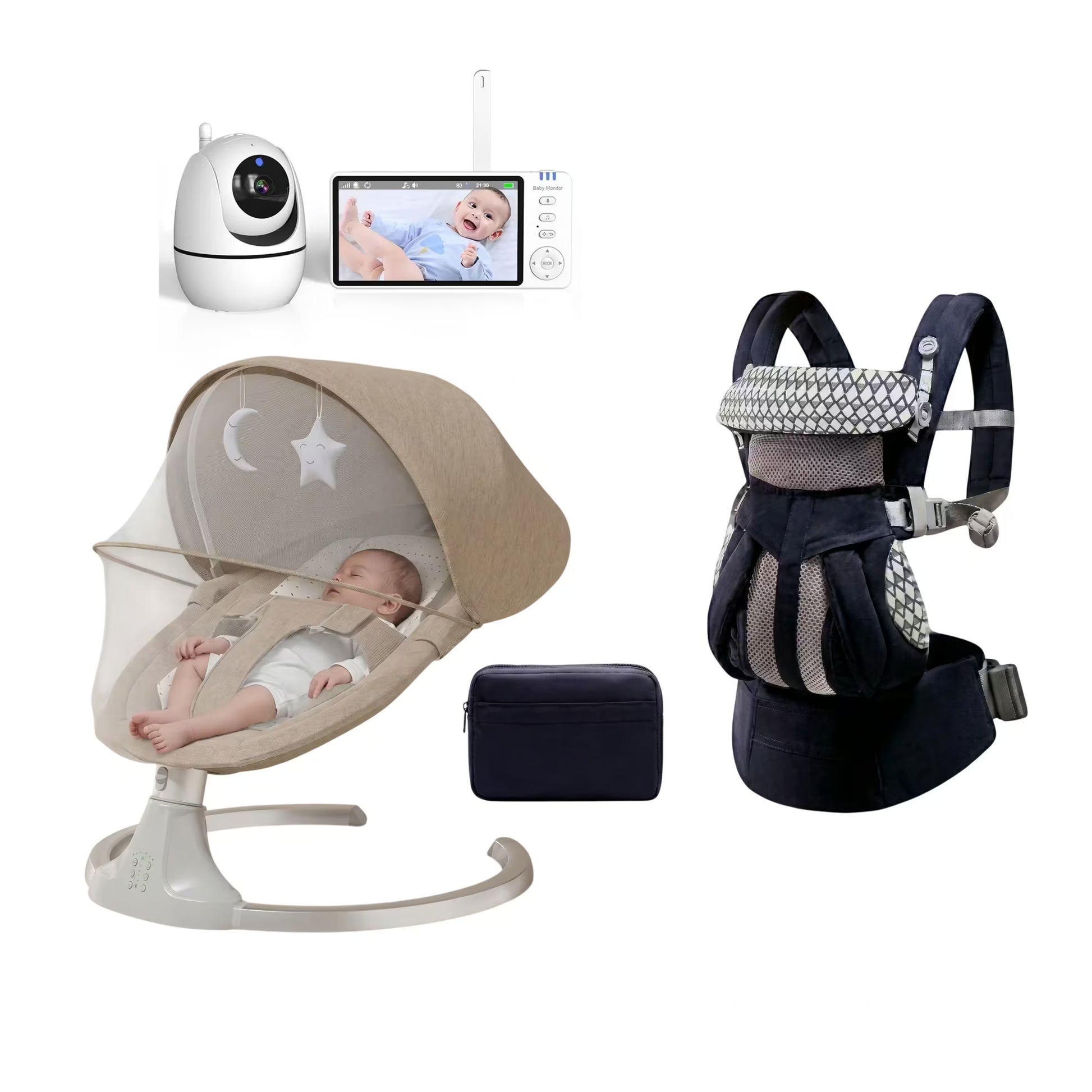 Baby care bundle featuring a beige mesh bassinet with a rocking base, a navy blue baby carrier, a white and navy baby monitor camera with screen, and a navy blue storage pouch, all arranged on a white background.