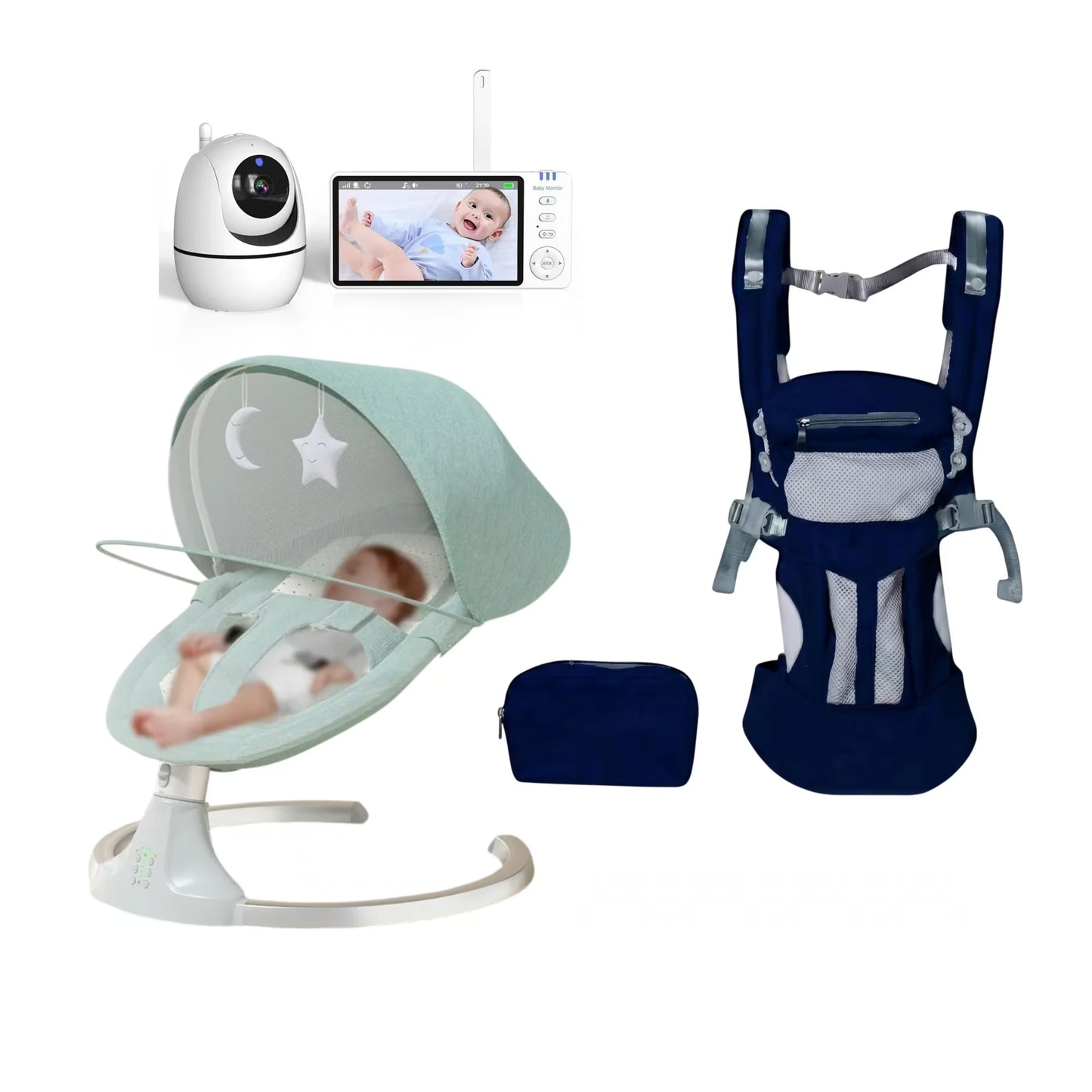 Baby care bundle featuring a light green and white rocking bassinet with a baby inside, a navy blue and gray baby hip seat carrier, a white security camera, a video monitor screen, and a small navy blue pouch, all on a white background.