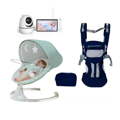 Baby care bundle featuring a light green and white rocking bassinet with a baby inside, a navy blue and gray baby hip seat carrier, a white security camera, a video monitor screen, and a small navy blue pouch, all on a white background.