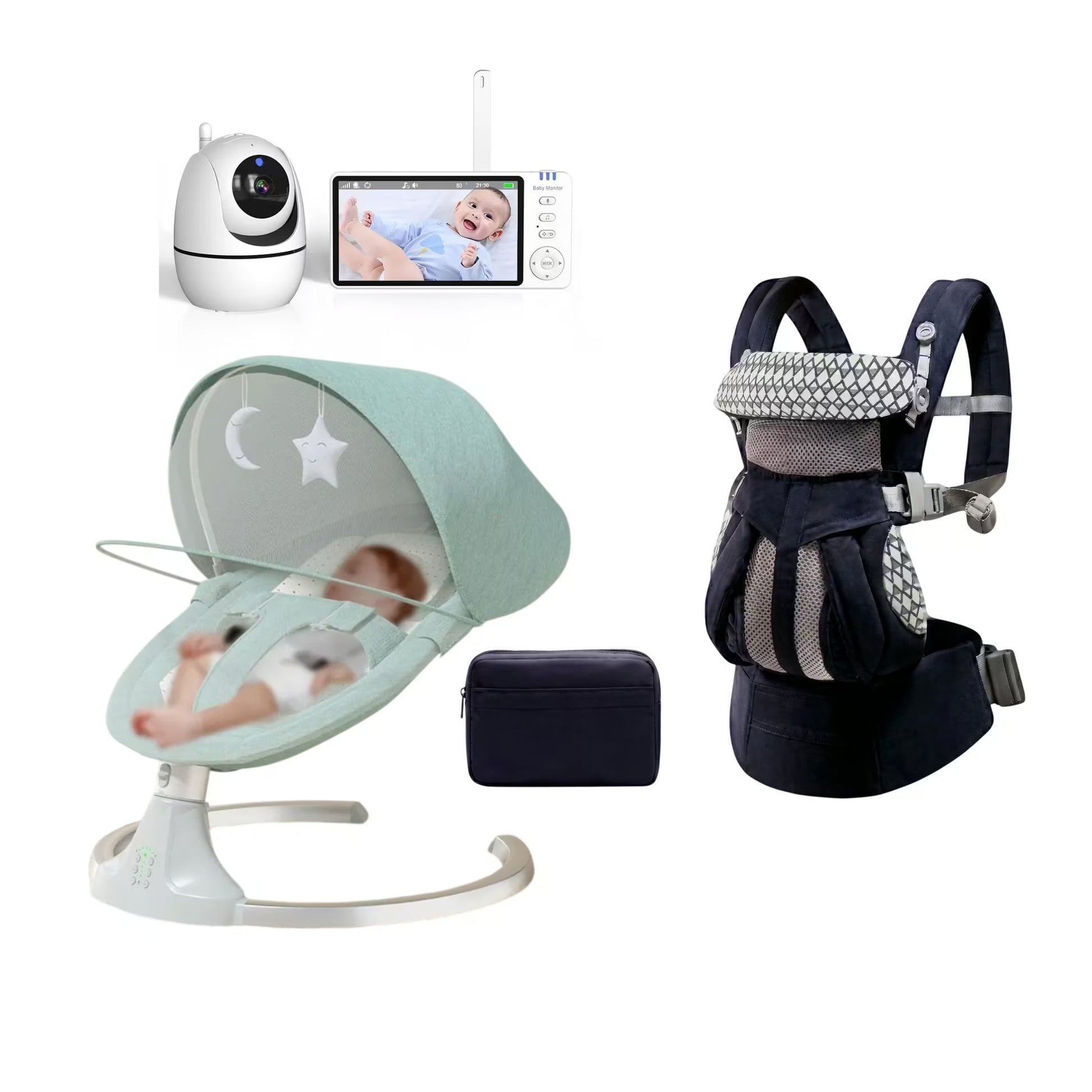 Baby care bundle featuring a mint green bassinet with a canopy, a navy blue baby carrier, a white security camera, a video monitor screen, a white remote, and a small navy storage pouch, all arranged on a white background.