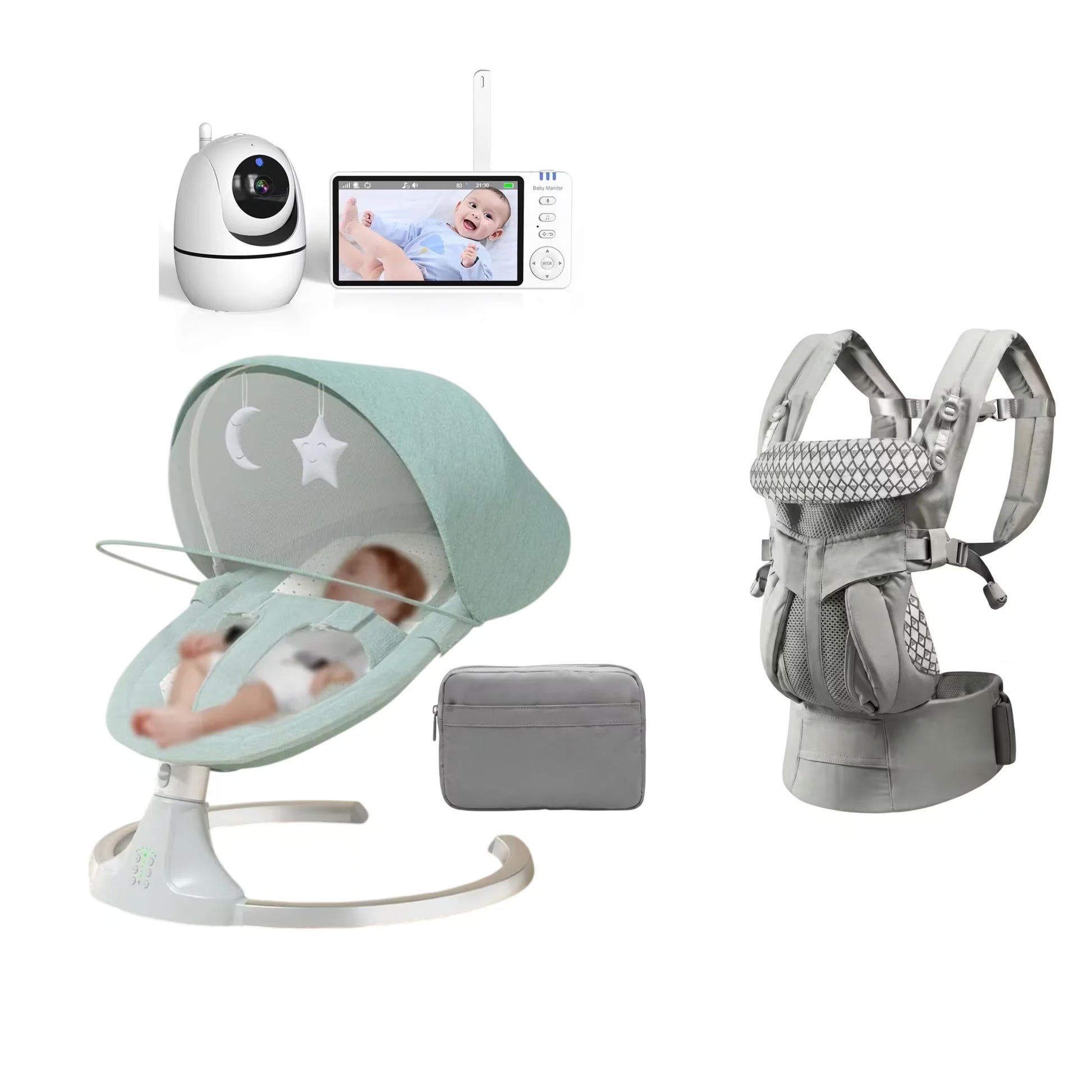 Baby care bundle featuring a mint green electric baby swing with a canopy, a gray storage pouch, a gray multi-position baby carrier, and a wireless baby monitor camera with a screen and remote, all on a white background.