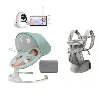 Baby care bundle featuring a mint green electric baby swing with a canopy, a gray storage pouch, a gray multi-position baby carrier, and a wireless baby monitor camera with a screen and remote, all on a white background.