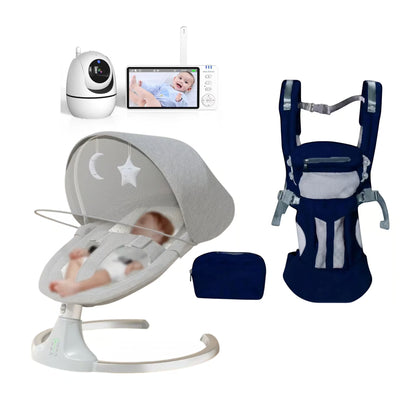 Baby care bundle featuring a navy blue baby hip seat carrier, a light gray rocking bassinet with a canopy, a white wireless baby monitor camera, and a small navy pouch, all arranged on a white background.