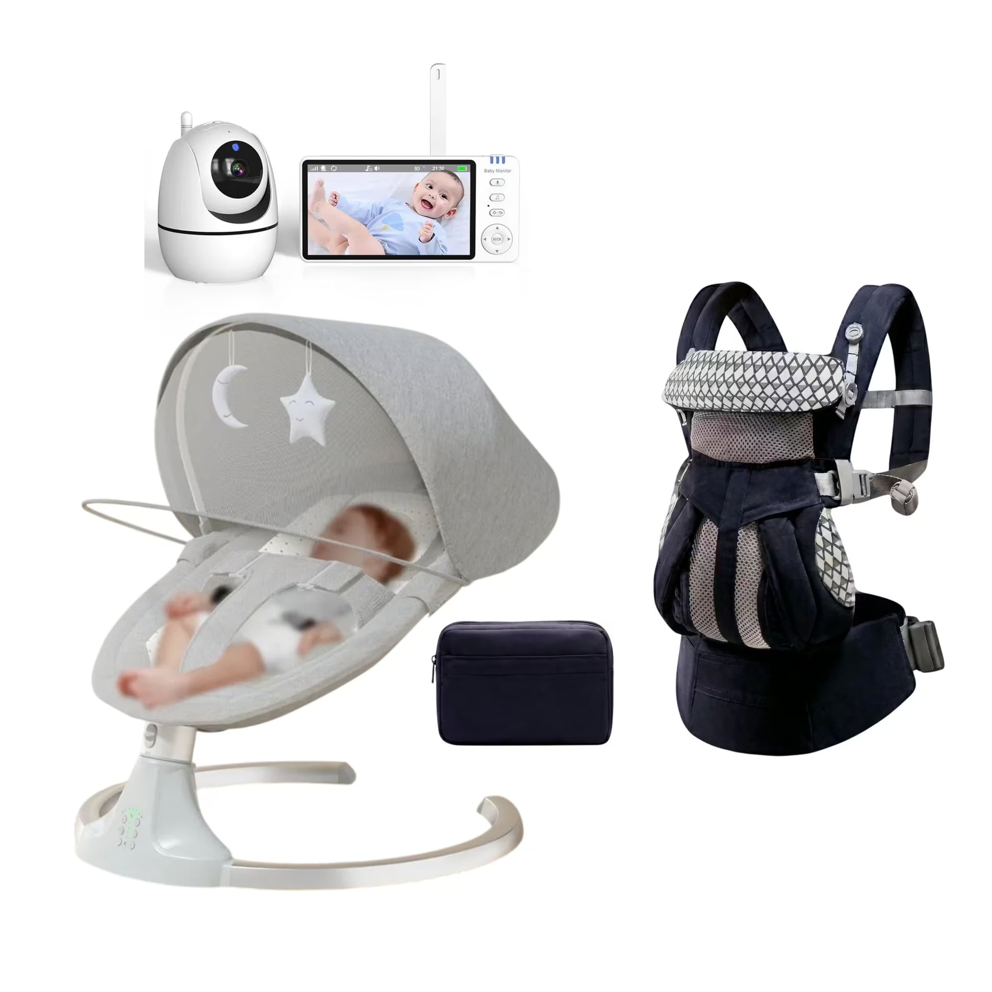 Baby care bundle featuring a gray electric baby swing with a bassinet, a navy blue baby carrier, a white and black baby monitor camera, and a small navy blue pouch, all arranged on a white background.