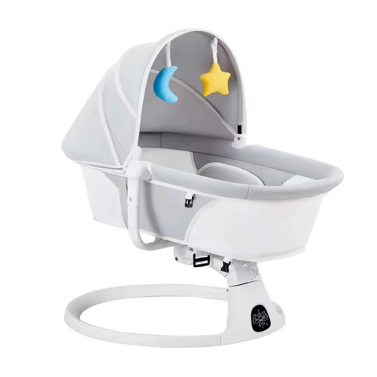 White baby swing with canopy and star and moon toys on a white background
