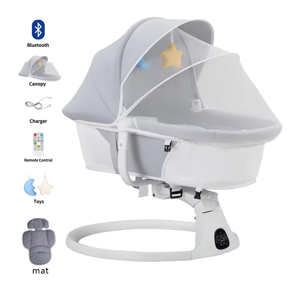 White baby bassinet with canopy and Bluetooth icon on a white background