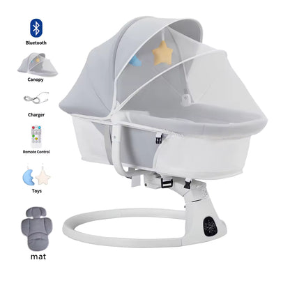 White baby bassinet with canopy and Bluetooth icon on a white background