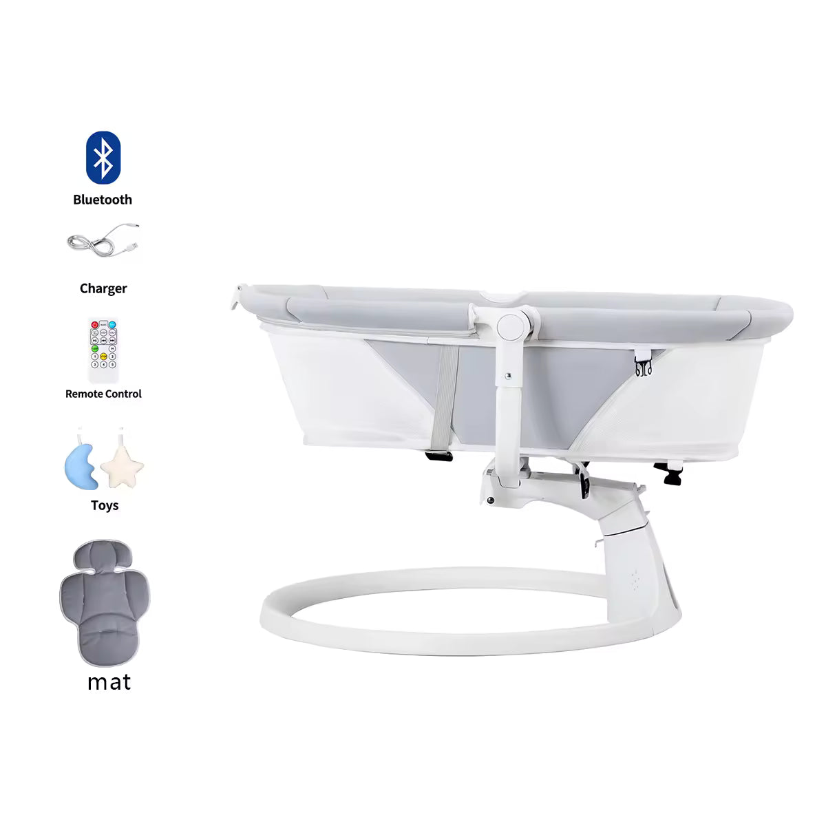 Baby bassinet with Bluetooth, charger, remote control, toys, and mat features on a white background