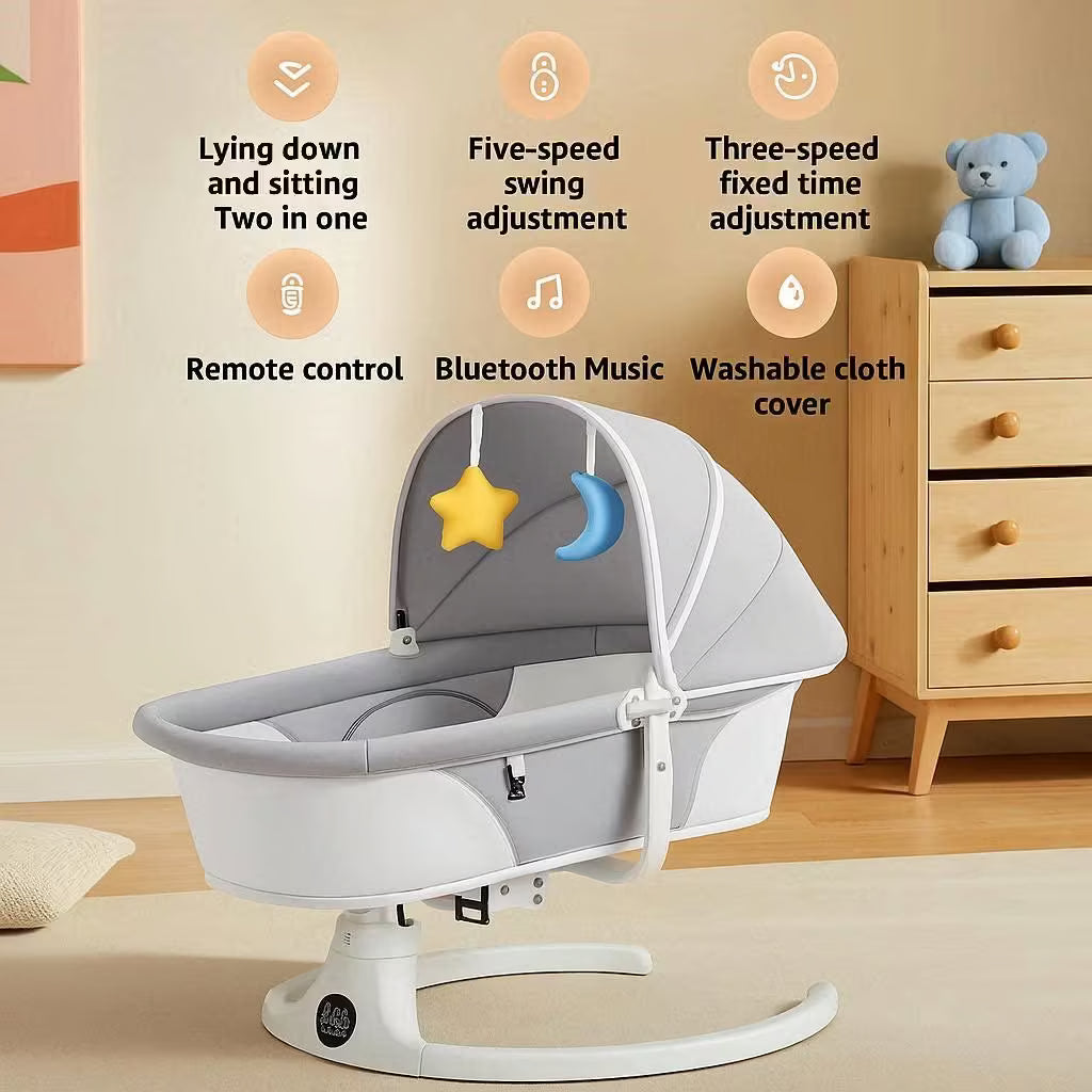 Baby swing with features listed on a beige wall background