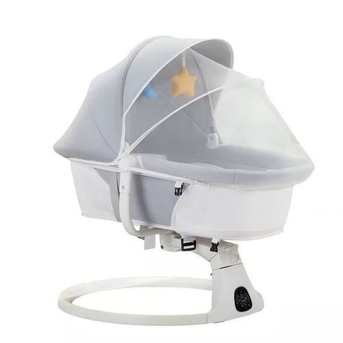 White baby swing with canopy on a white background
