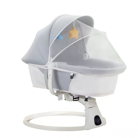 White baby swing with canopy on a white background