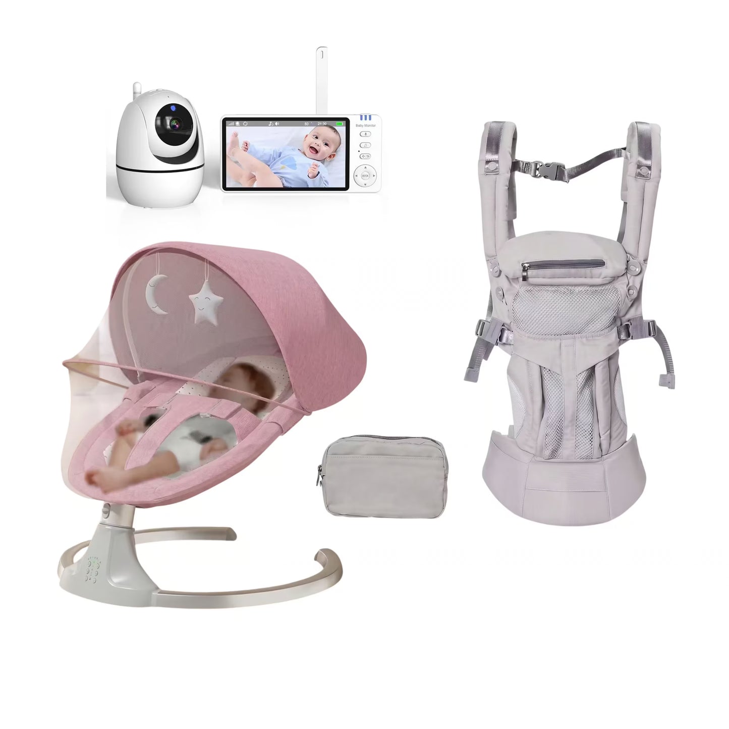 Baby care bundle featuring a pink bassinet with a mesh canopy, a light gray baby carrier, a white wireless baby monitor with a screen, and a small gray pouch, all arranged on a white background.