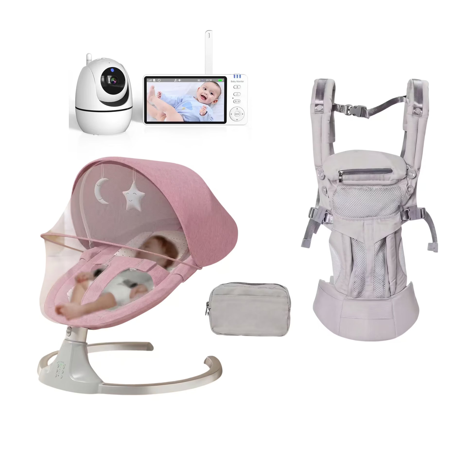 Baby care bundle featuring a pink bassinet with a mesh canopy, a light gray baby carrier, a white wireless baby monitor with a screen, and a small gray pouch, all arranged on a white background.