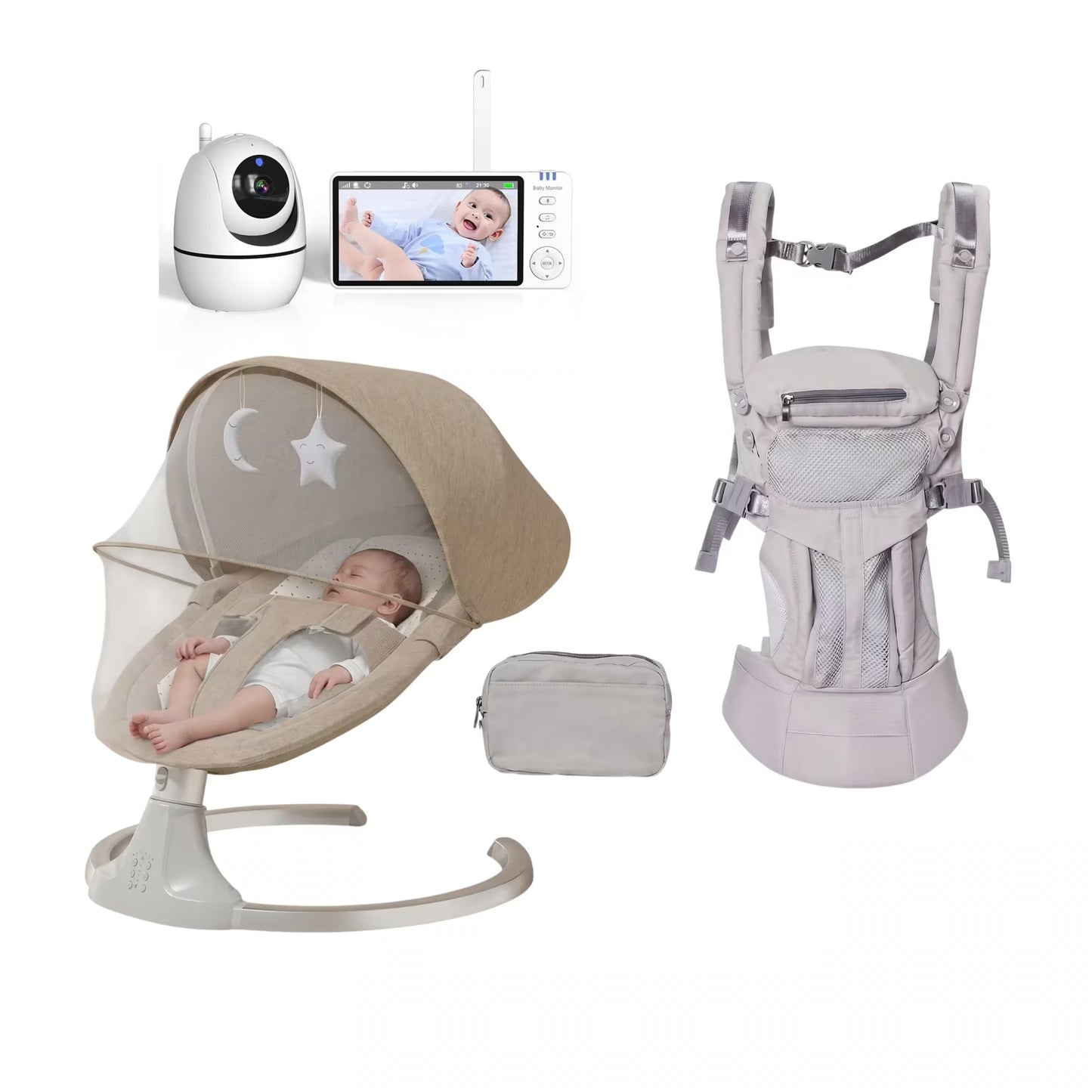 Baby care bundle featuring a beige mesh bassinet with a baby inside, a light gray baby carrier, a white security camera, a tablet screen showing the baby, and a small gray pouch, all on a white background.