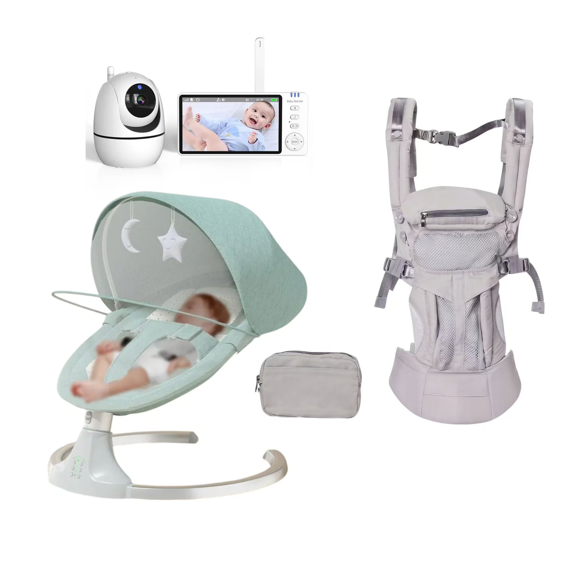 Baby care bundle featuring a mint green bassinet, a light gray baby carrier, a white baby monitor camera, and a small gray pouch, all arranged on a solid white background.