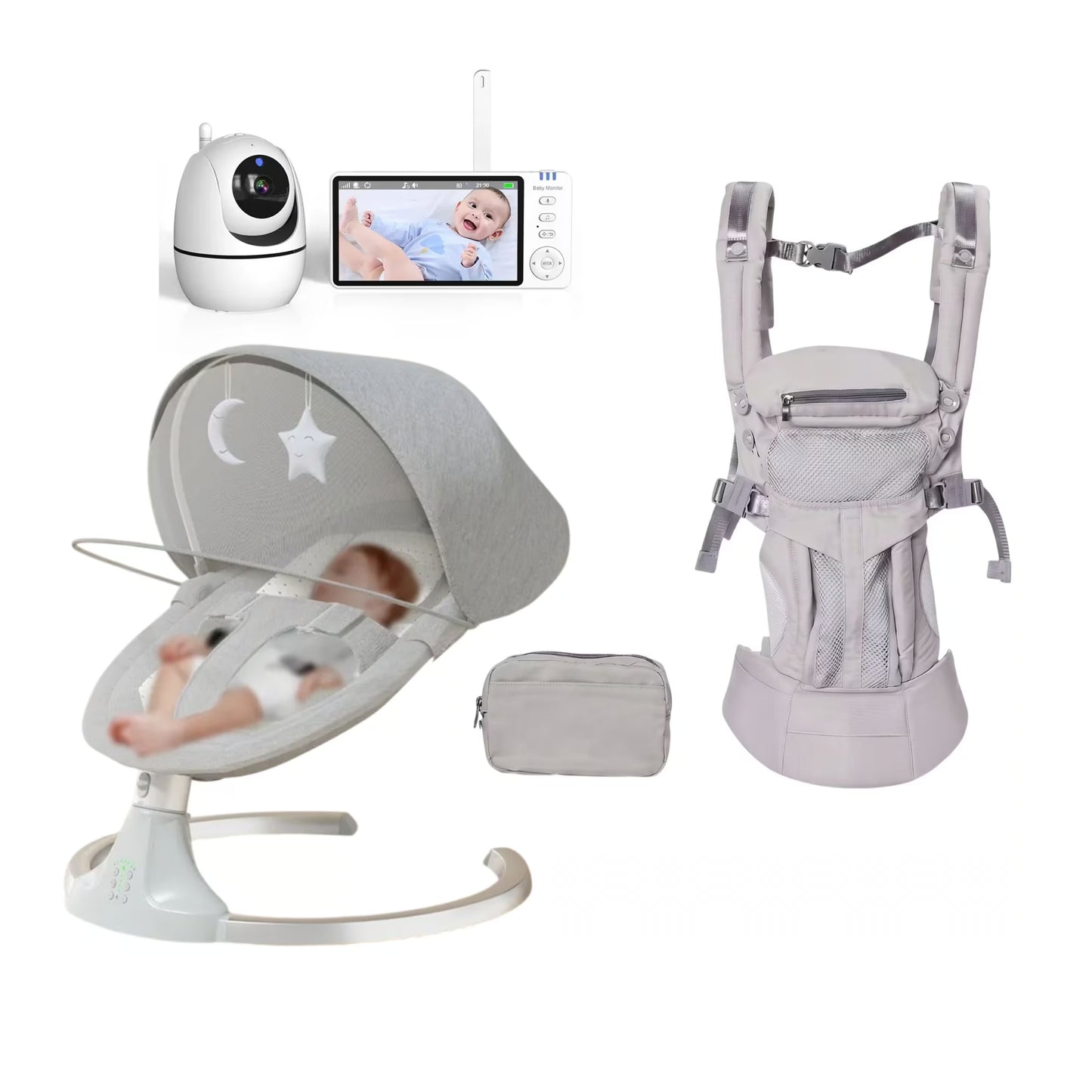 Baby care bundle featuring a light gray bassinet with a canopy, a baby carrier, a wireless baby monitor with screen, and a small storage pouch, all arranged on a white background.