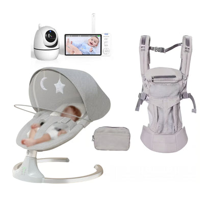 Baby care bundle featuring a light gray bassinet with a canopy, a baby carrier, a wireless baby monitor with screen, and a small storage pouch, all arranged on a white background.