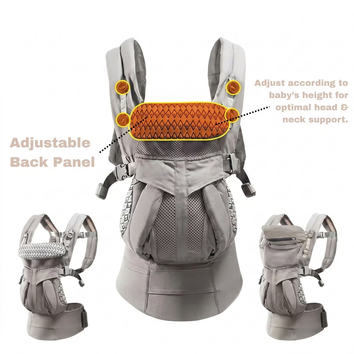Gray baby carrier with adjustable back panel and neck support illustration on a white background