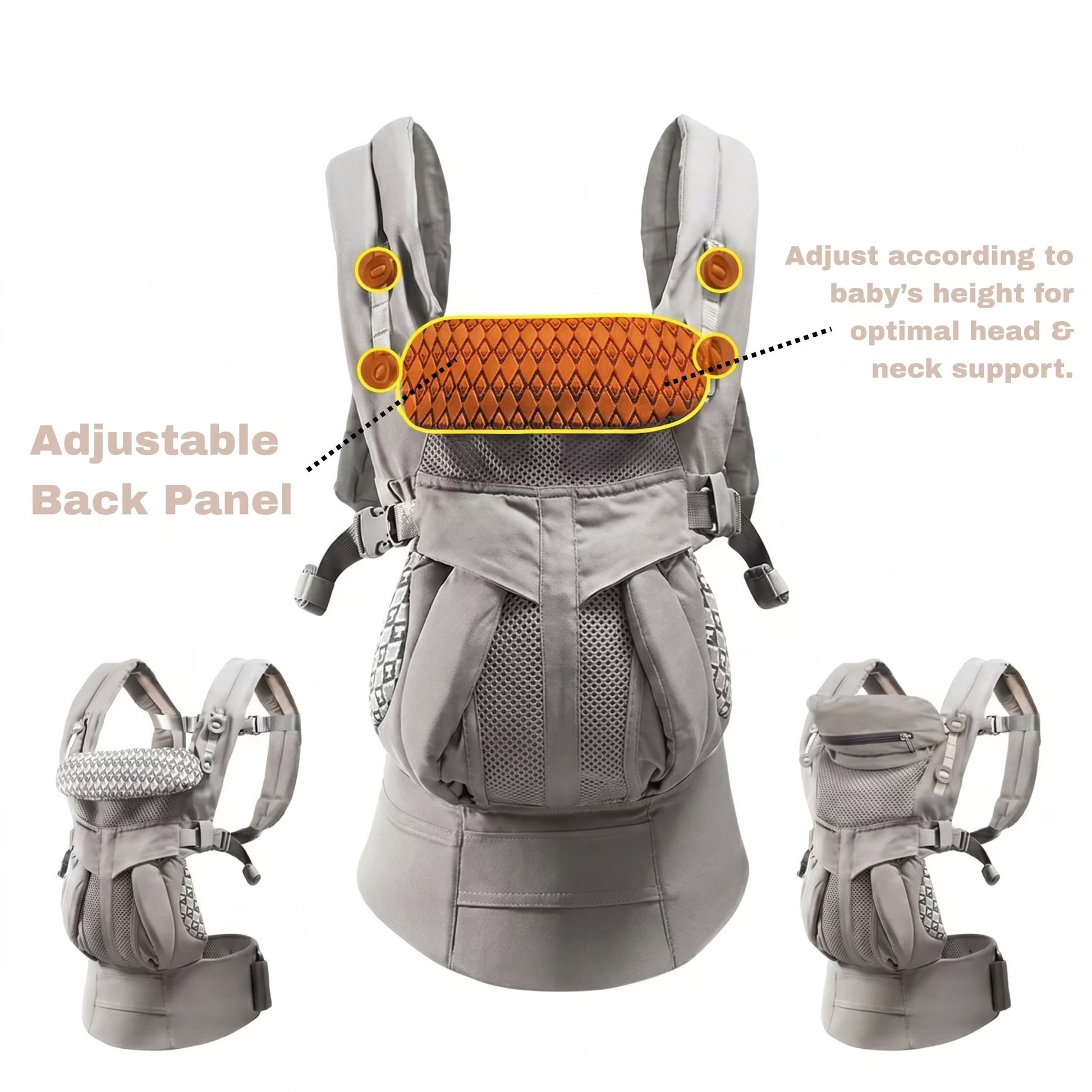 Gray baby carrier with adjustable back panel and neck support illustration on a white background