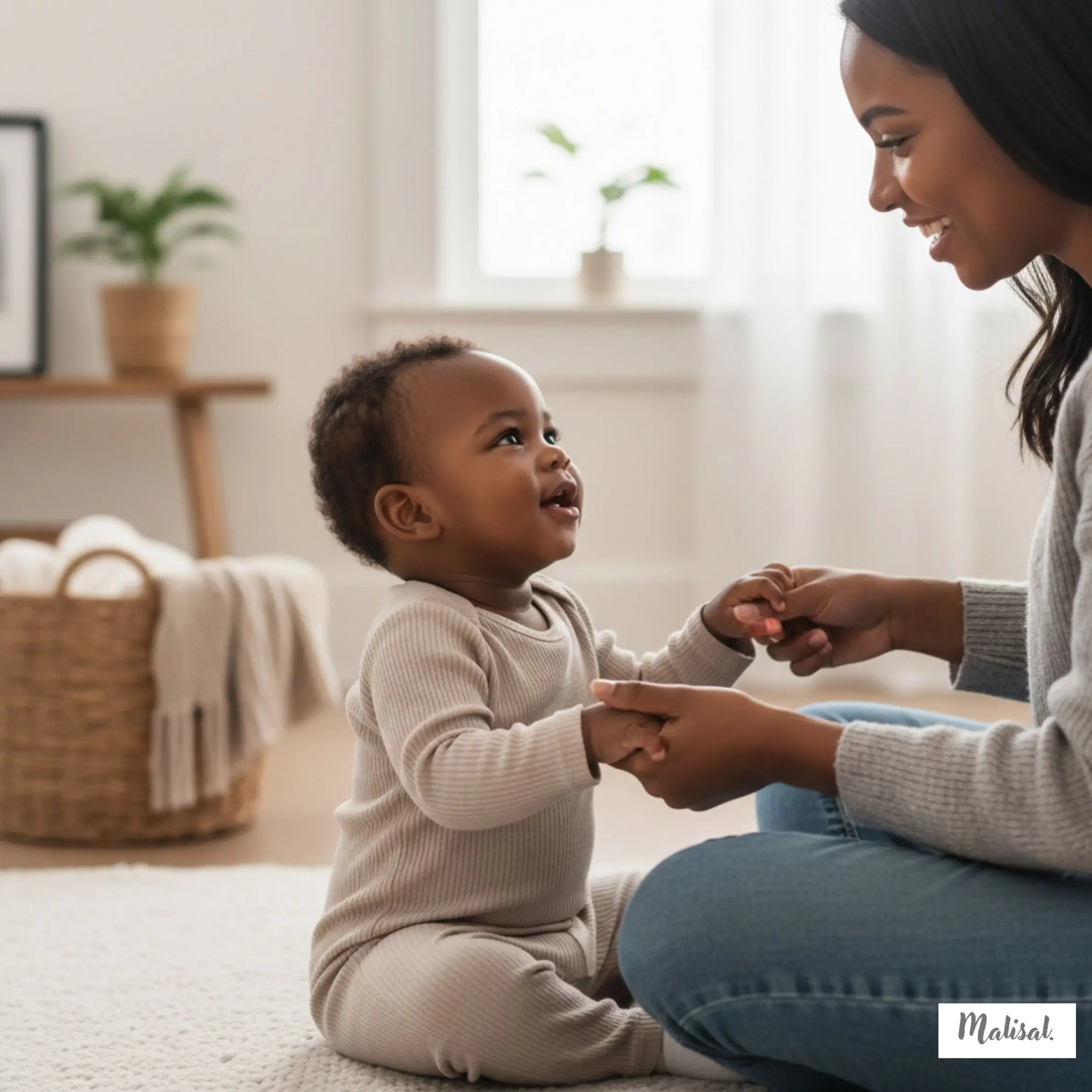 Woman and child sitting on a carpeted floor in a home setting, holding hands and smiling.