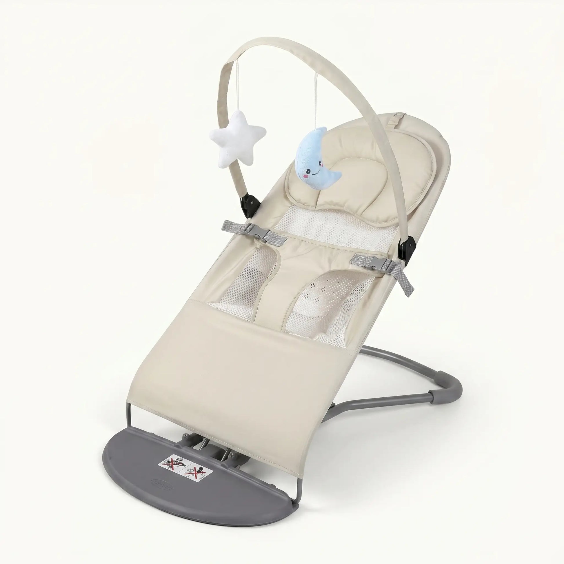 Beige baby swing with gray base on a white background