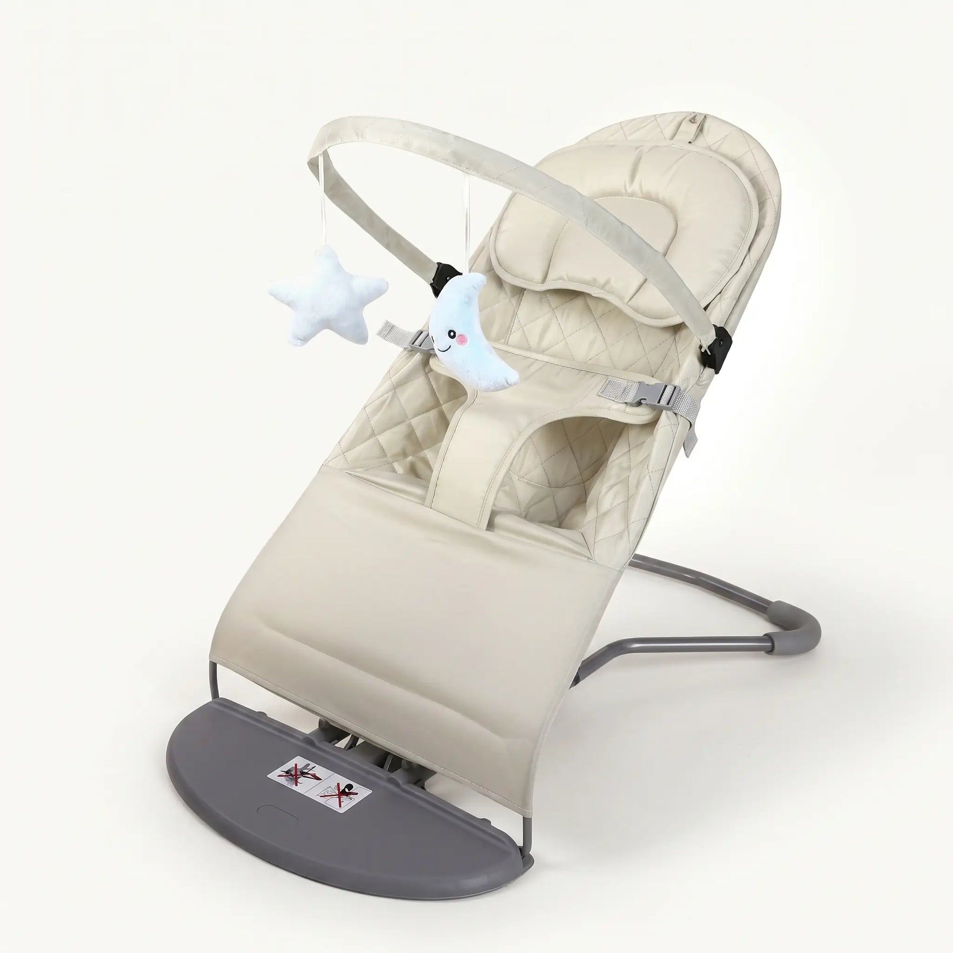Beige baby bouncer with gray base on a white background