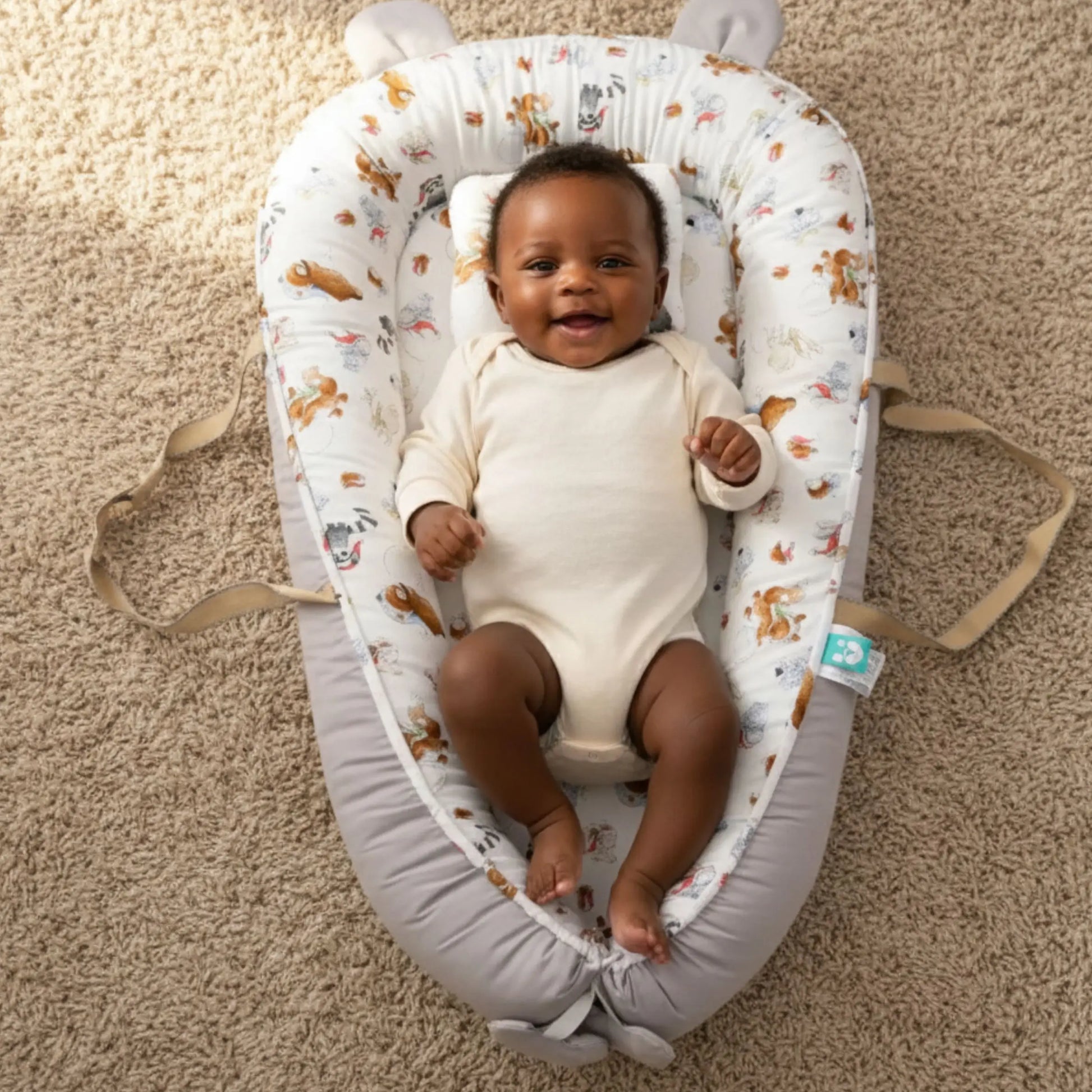 Baby in a patterned baby nest on a carpeted floor