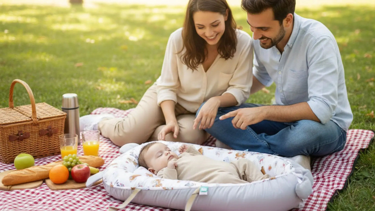 Family with a baby in a portable crib during a picnic on a grassy field