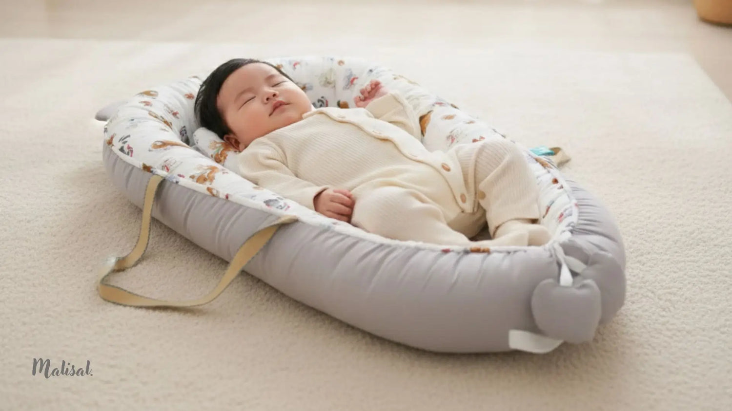 A baby sleeping in a baby nest.