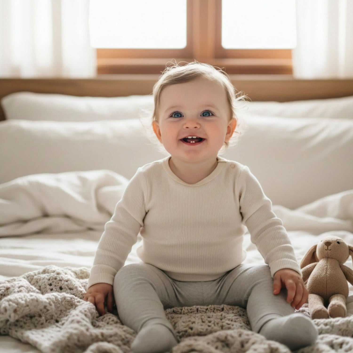 Baby sitting on a bed with a teddy bear, smiling at the camera.