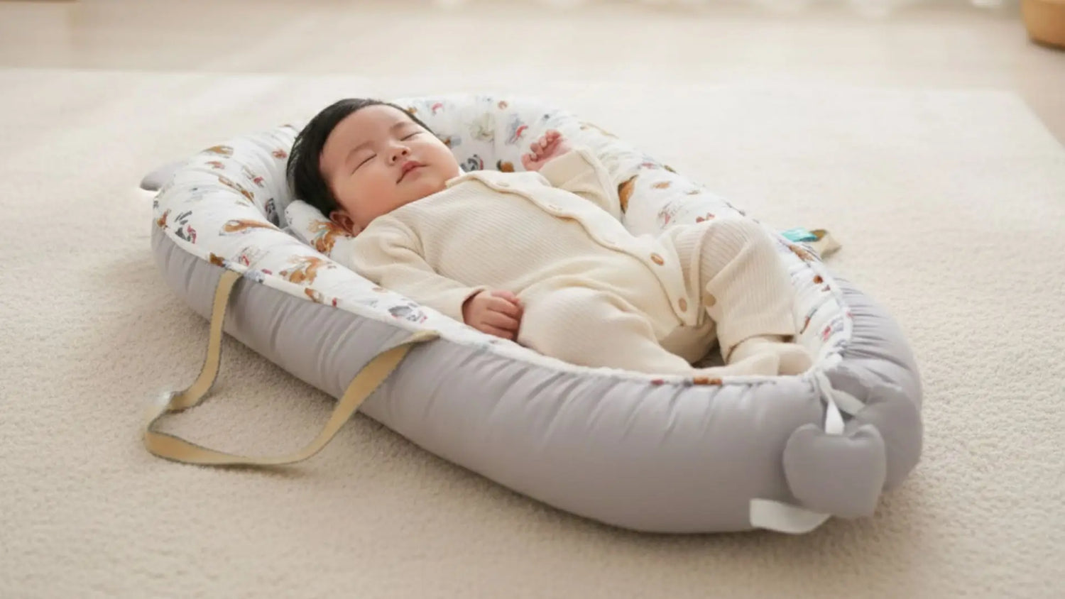 Baby sleeping in a soft, cushioned baby nest on a light-colored floor.