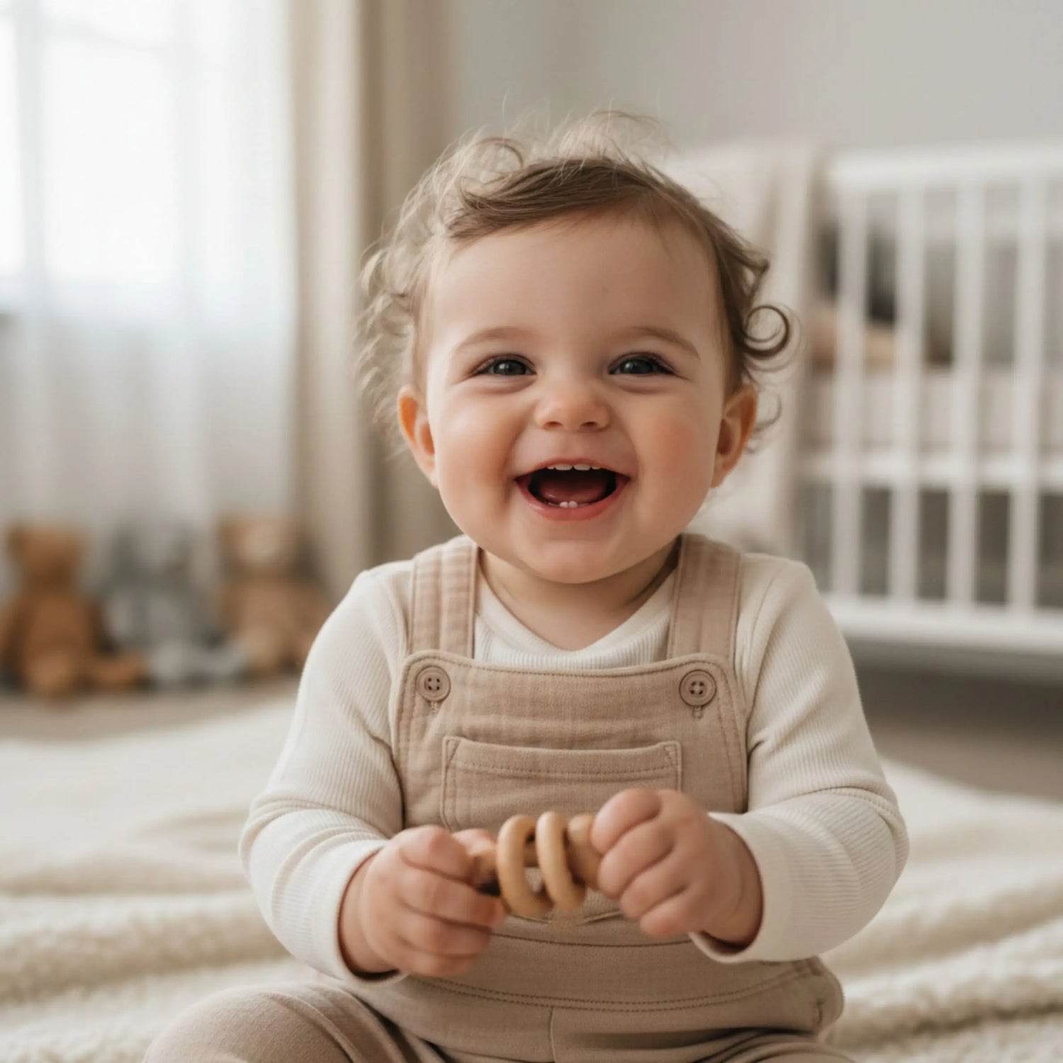 Smiling baby in beige overalls holding a wooden toy in a nursery setting.