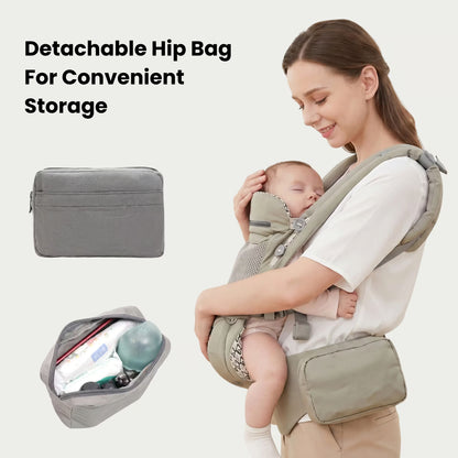 Woman holding a baby in a carrier with a detachable hip bag on a light gray background